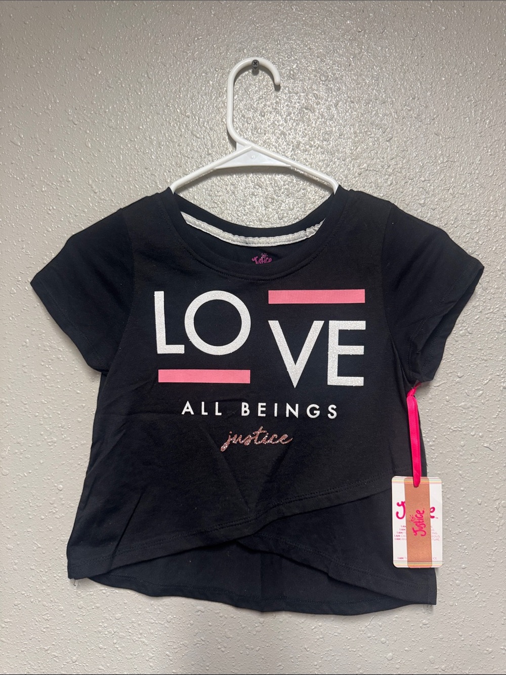 Justice Black Tee with Pink & White LOVE Graphic